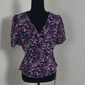 Miami Floral Wrap Blouse - Pink and Green  Size Large